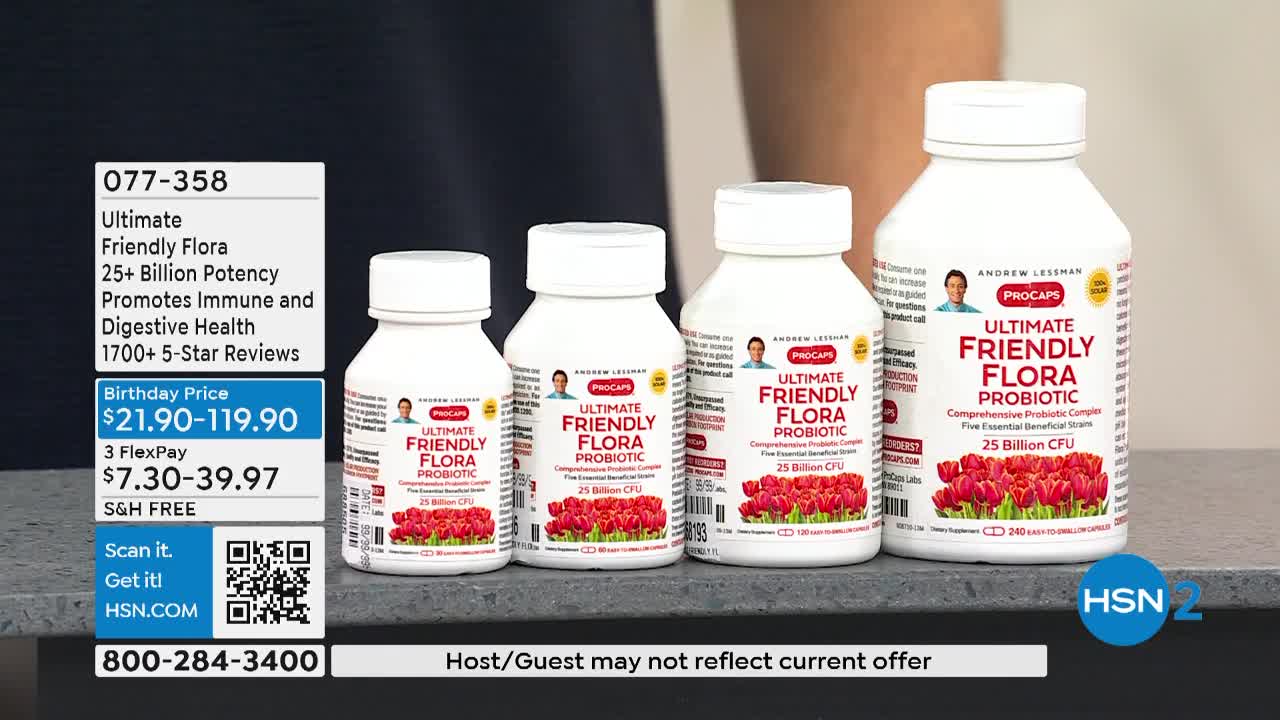 Four white bottles of "Ultimate Friendly Flora Probiotic" sit on a surface, varying in size. The HSN2 logo is visible in the bottom right corner, and a graphic offers a phone number and price information.
