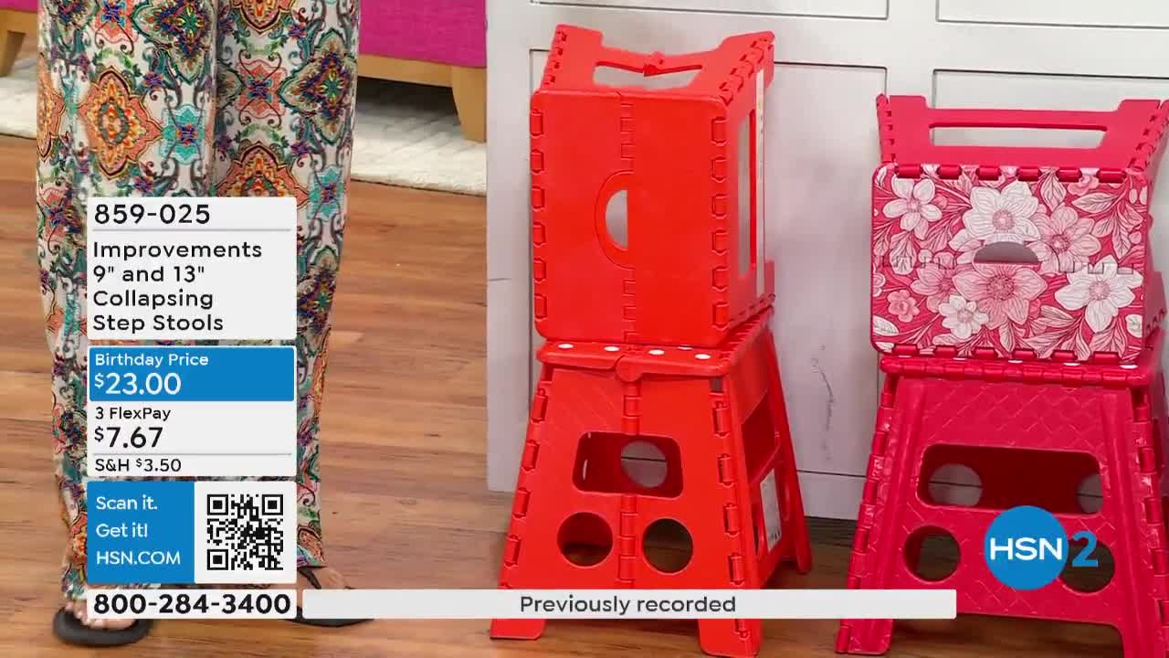 Stacked red folding step stools are on display, one plain and one with a floral pattern. A graphic on the left advertises the product and the HSN2 logo is visible on the bottom right.
