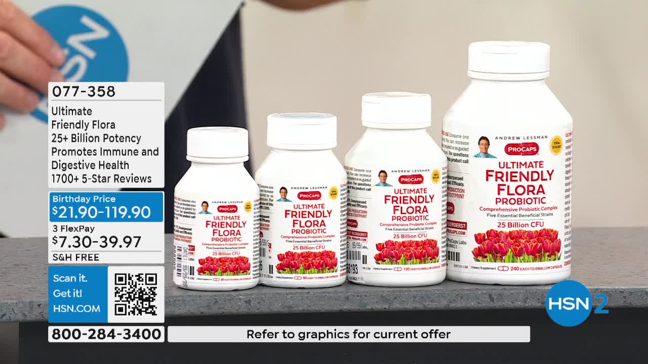 Four white bottles of probiotic supplements are lined up, each with a label featuring a man's photo and a picture of red flowers. The HSN2 logo is visible in the bottom right corner, and the screen displays the product's item number and pricing.

