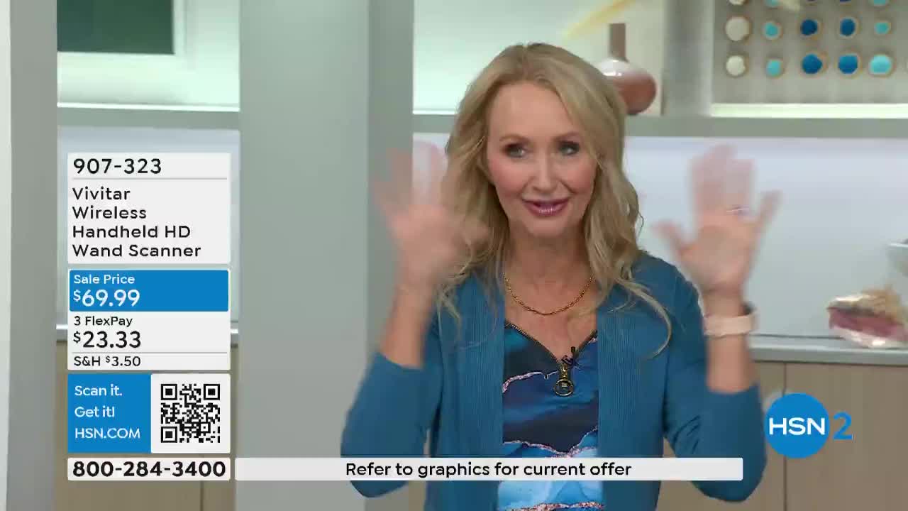 The woman on HSN2 is gesturing with both hands, palms facing forward. Beside her, a graphic details the price of a handheld scanner.
