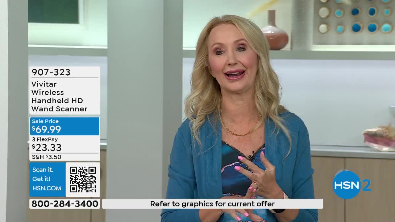 A woman with blonde hair gestures with her hands as she speaks, a product description and price displayed next to her. The HSN2 logo is visible in the lower right corner.
