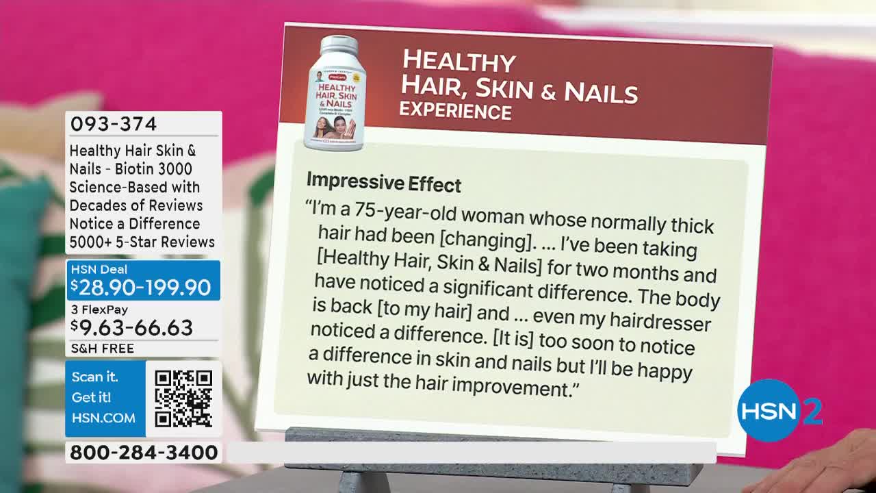 A product display on HSN2 shows a bottle of "Healthy Hair, Skin & Nails" and a customer testimonial. The screen highlights a quote from a 75-year-old woman describing improvements to her hair after using the product.

