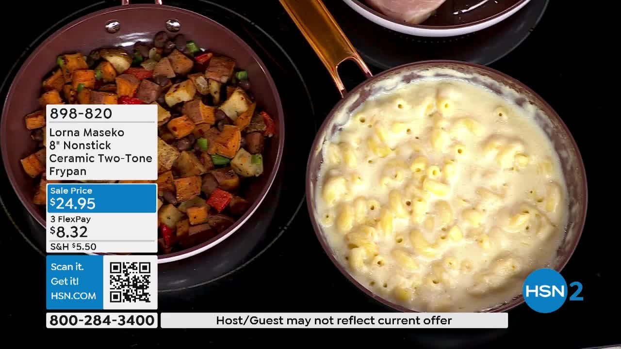 Two pans sit on a black stovetop, one filled with a colorful hash and the other with creamy macaroni and cheese. The lower right corner displays the HSN2 logo, and a price tag advertises a nonstick frypan.
