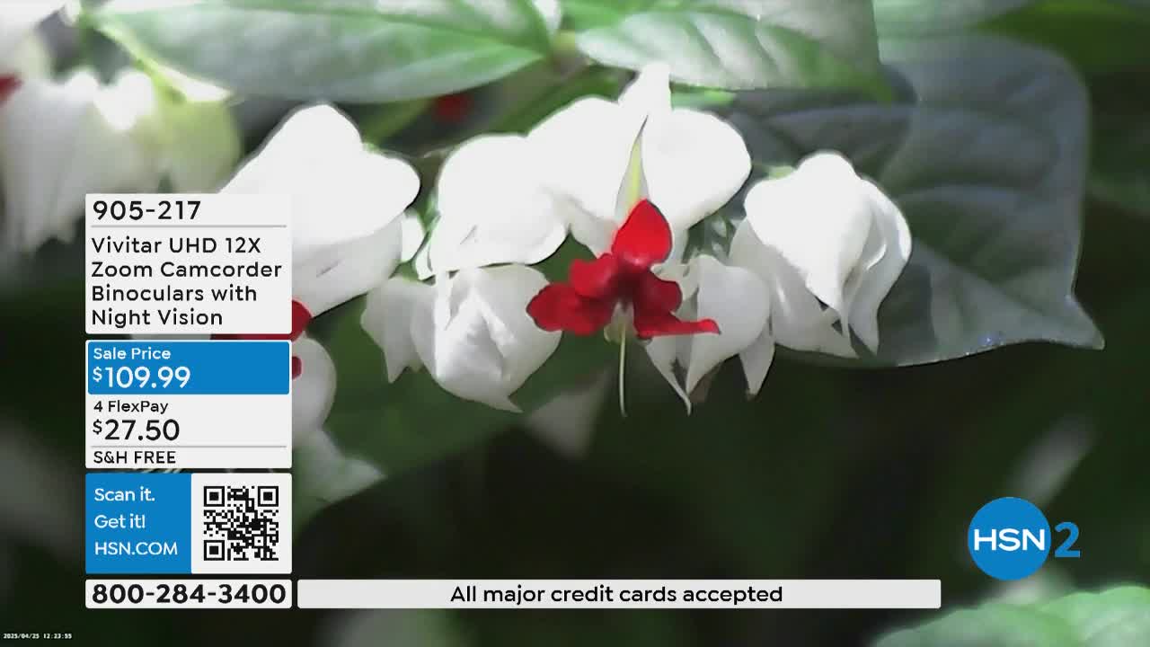 White and red flowers are in focus on a screen from HSN2. The bottom of the screen advertises binoculars with night vision for sale.
