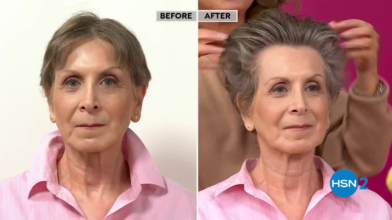 On the left, a woman with short hair looks straight ahead. To the right, someone is styling her hair, fluffing it up for a different look, as seen on HSN2.
