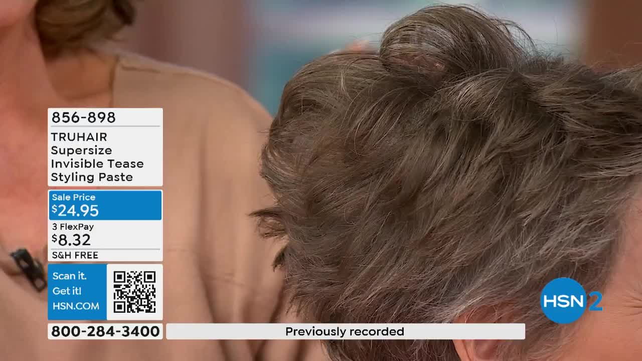 A person's hair is being styled, the brown and gray strands are tousled. On the screen, HSN2 is selling Truhair styling paste for $24.95.
