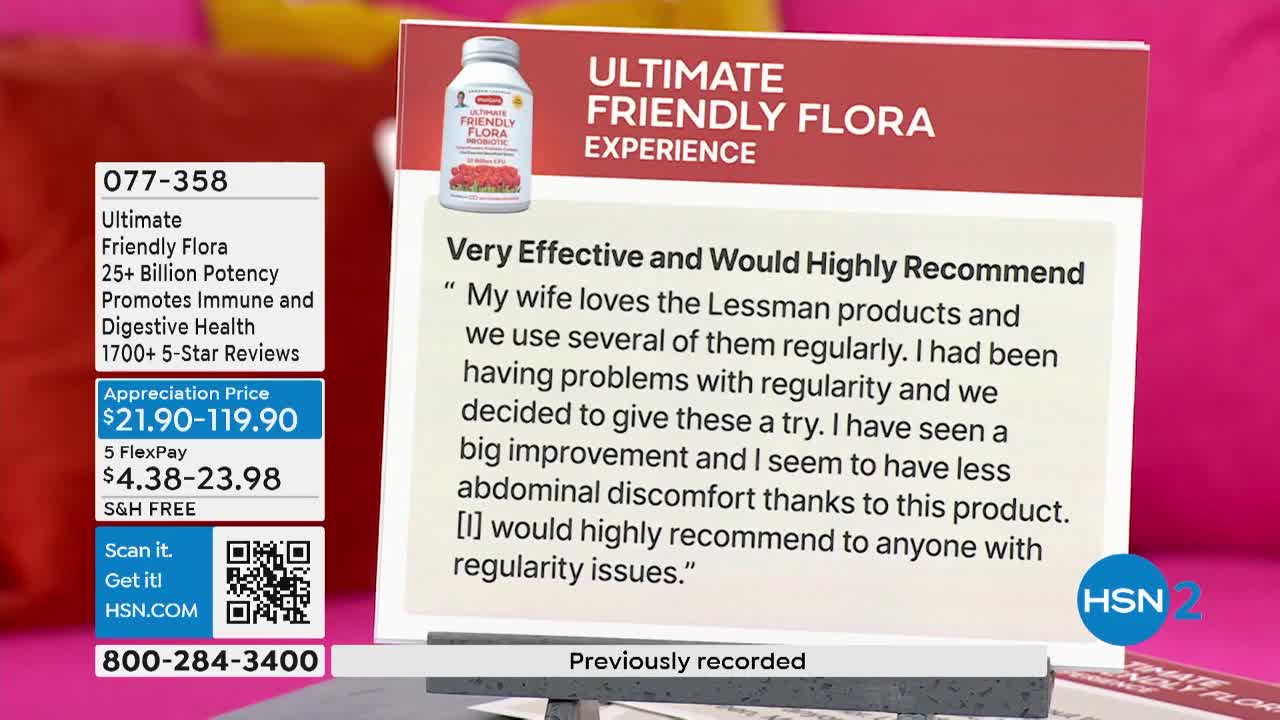On HSN2, a product card displays a bottle of "Ultimate Friendly Flora" probiotics, along with a customer testimonial. The screen also shows the product's price and a phone number for ordering.
