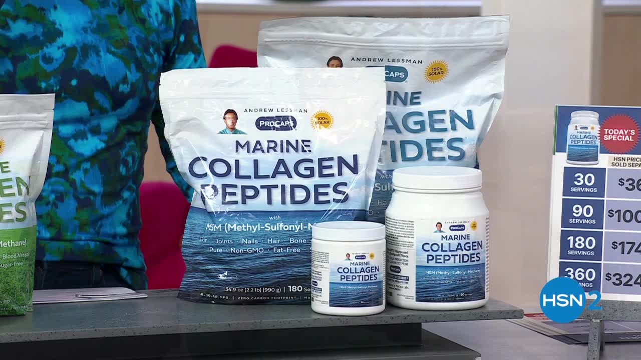 On a table, several packages and jars of "Marine Collagen Peptides" are arranged, with a price list displayed on the right. A person in a blue patterned shirt stands behind the products on the HSN2 set.
