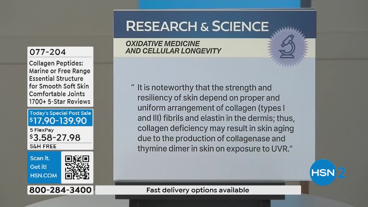On HSN2, a graphic explains the science behind collagen peptides, with a microscope icon and a quote about skin health. The screen also displays the product's price and ordering information.
