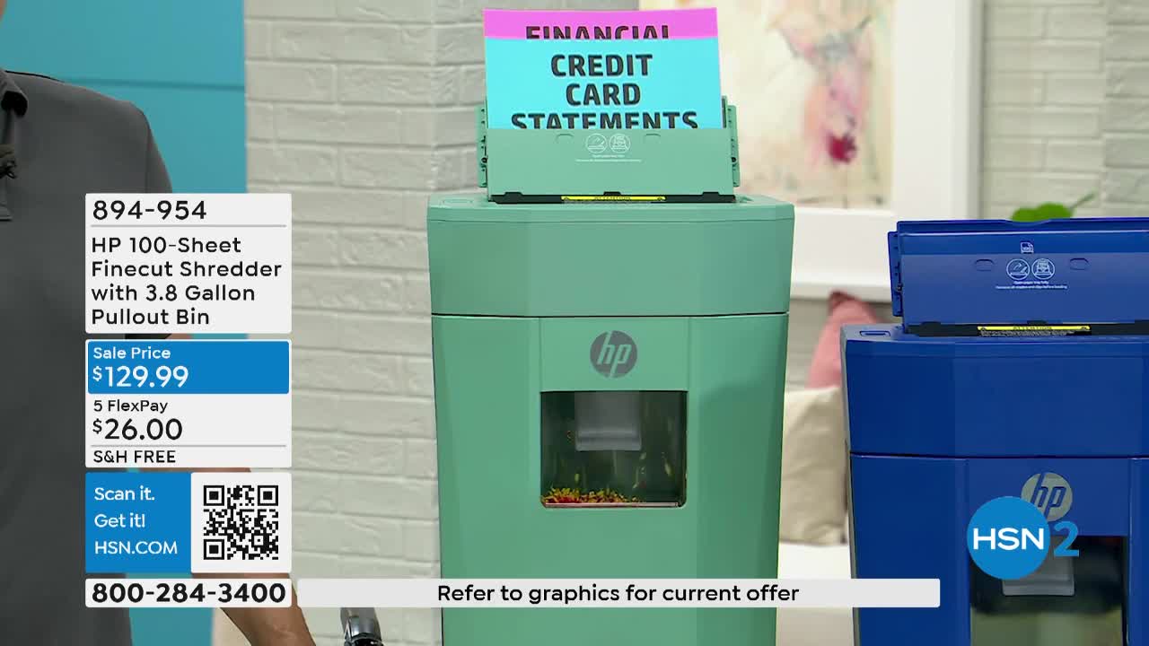 A teal shredder, branded with "hp," is the focus on HSN2, and it's actively shredding a stack of "CREDIT CARD STATEMENTS." The shredded paper is visible through a window on the machine's front.
