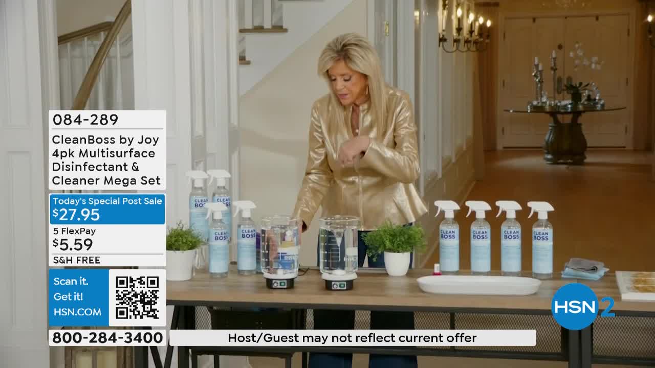 A woman in a gold jacket gestures towards a table displaying spray bottles and two clear containers. The HSN2 logo is visible, and the screen advertises a cleaning product.
