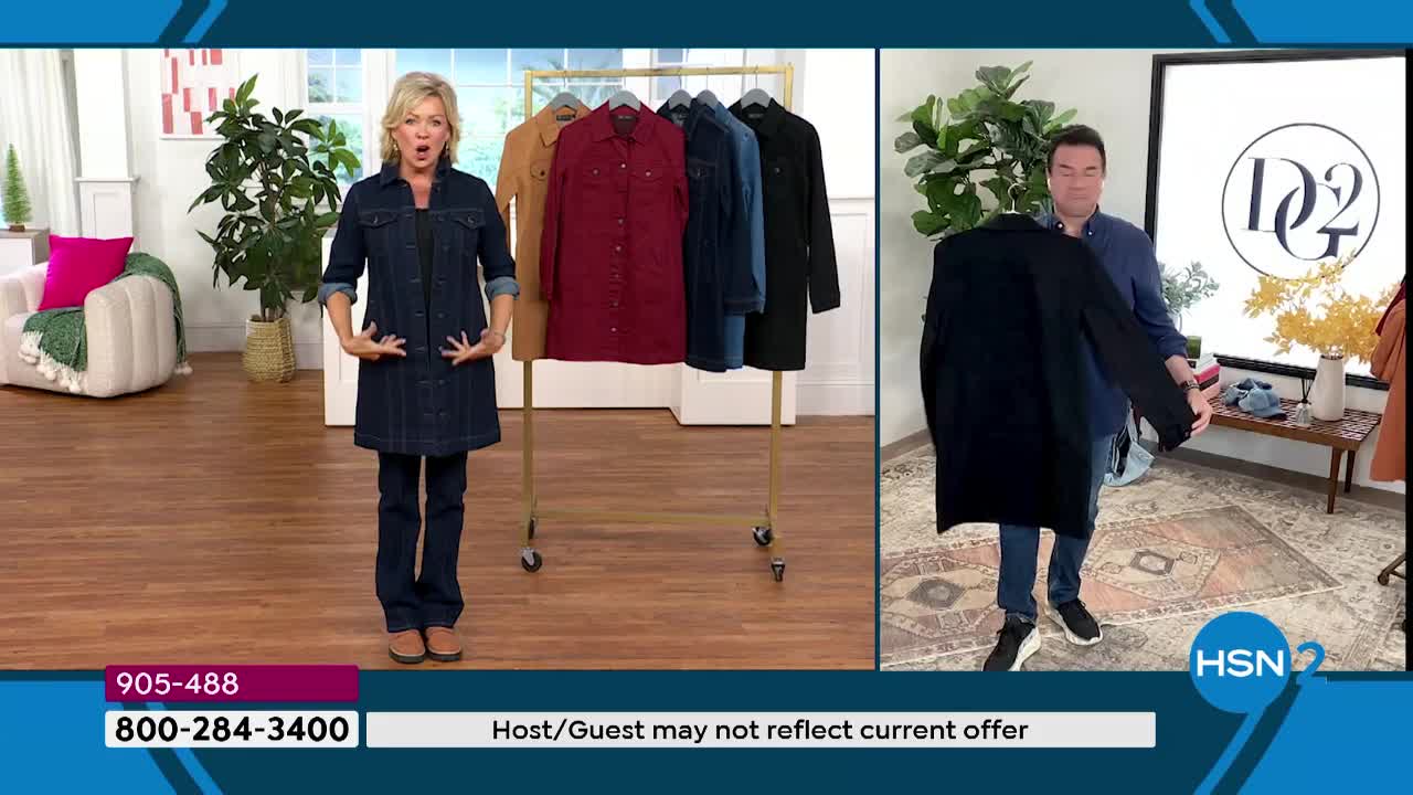 A woman in a denim jacket and jeans gestures towards her waist as she stands in front of a rack of long shirts. Across the set, a man holds up a black coat, showing it off for the HSN2 audience.
