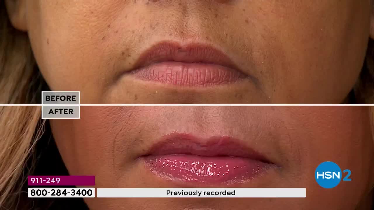 Above, the skin tone is uneven, and the lips look dry; below, the lips are glossy, and the skin appears smoother. The HSN2 logo is in the corner.
