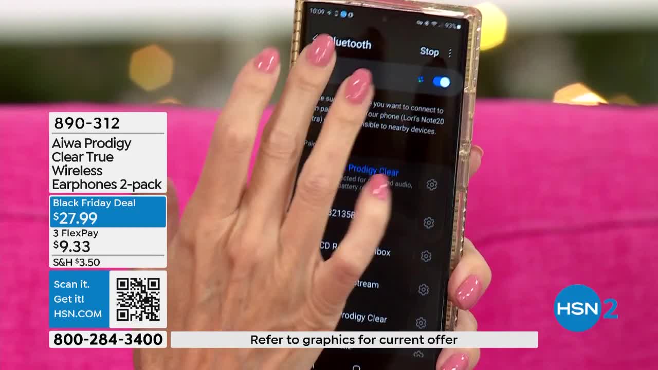 A hand with pink nails swipes across a phone screen, highlighting "Prodigy Clear." The HSN2 logo sits in the bottom right corner, and a graphic displays the price of the featured earphones.
