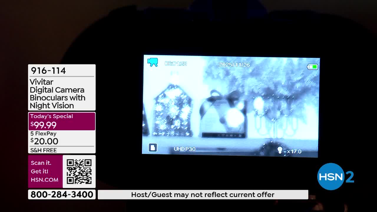 On the HSN2 screen, a digital display shows a blurry, grayscale image, likely from the Vivitar night vision binoculars. The product's price and details are listed on the left, with a "Today's Special" price of $99.99.
