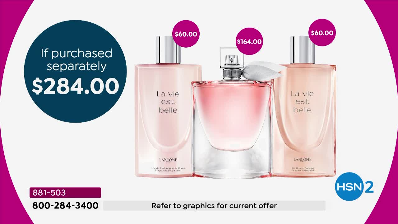 Three bottles of Lancôme perfume, each with a pink liquid inside, are displayed against a white background. Above each bottle, a pink circle shows the price, while a blue circle states the total cost if purchased separately.
