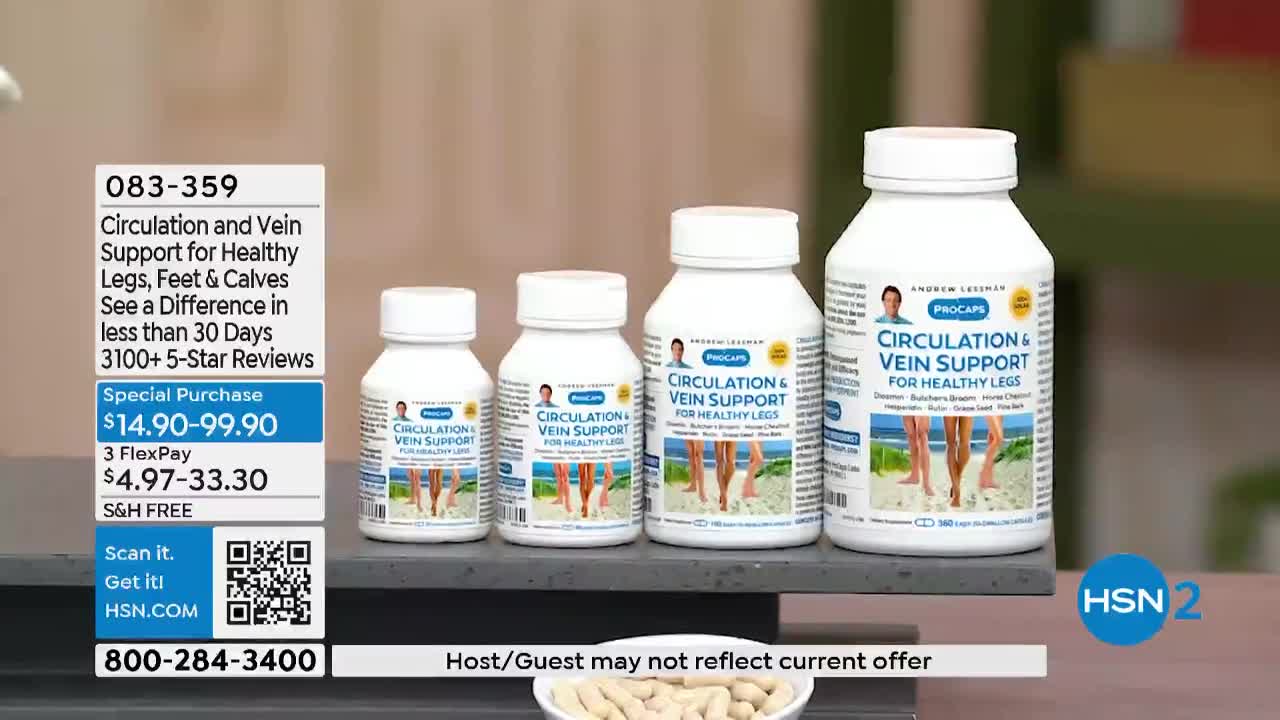 Four white bottles of "Circulation & Vein Support" are lined up on a dark surface, varying in size. The HSN2 logo is visible in the lower right corner, and a price is displayed on the left.
Four white bottles of "Circulation & Vein Support" are lined up on a dark surface, varying in size. The HSN2 logo is visible in the lower right corner, and a price is displayed on the left.