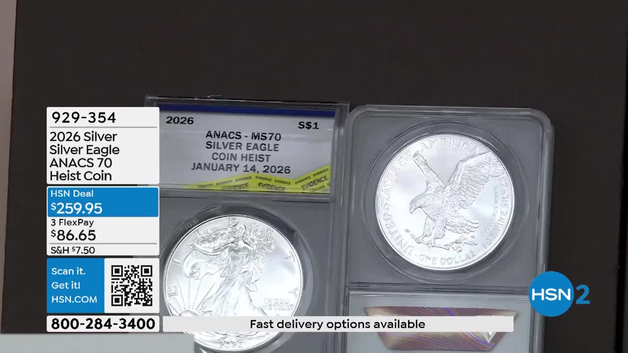 Two graded 2026 Silver Eagle coins sit in their protective cases. The left coin displays Lady Liberty, while the right shows an eagle in flight.