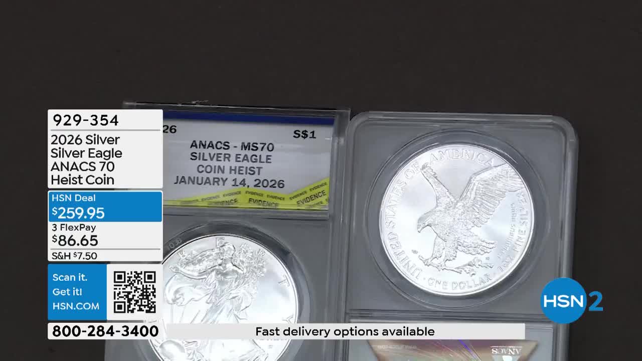 Two graded American Silver Eagles sit side-by-side. The coin on the left is in focus, its eagle design clear.