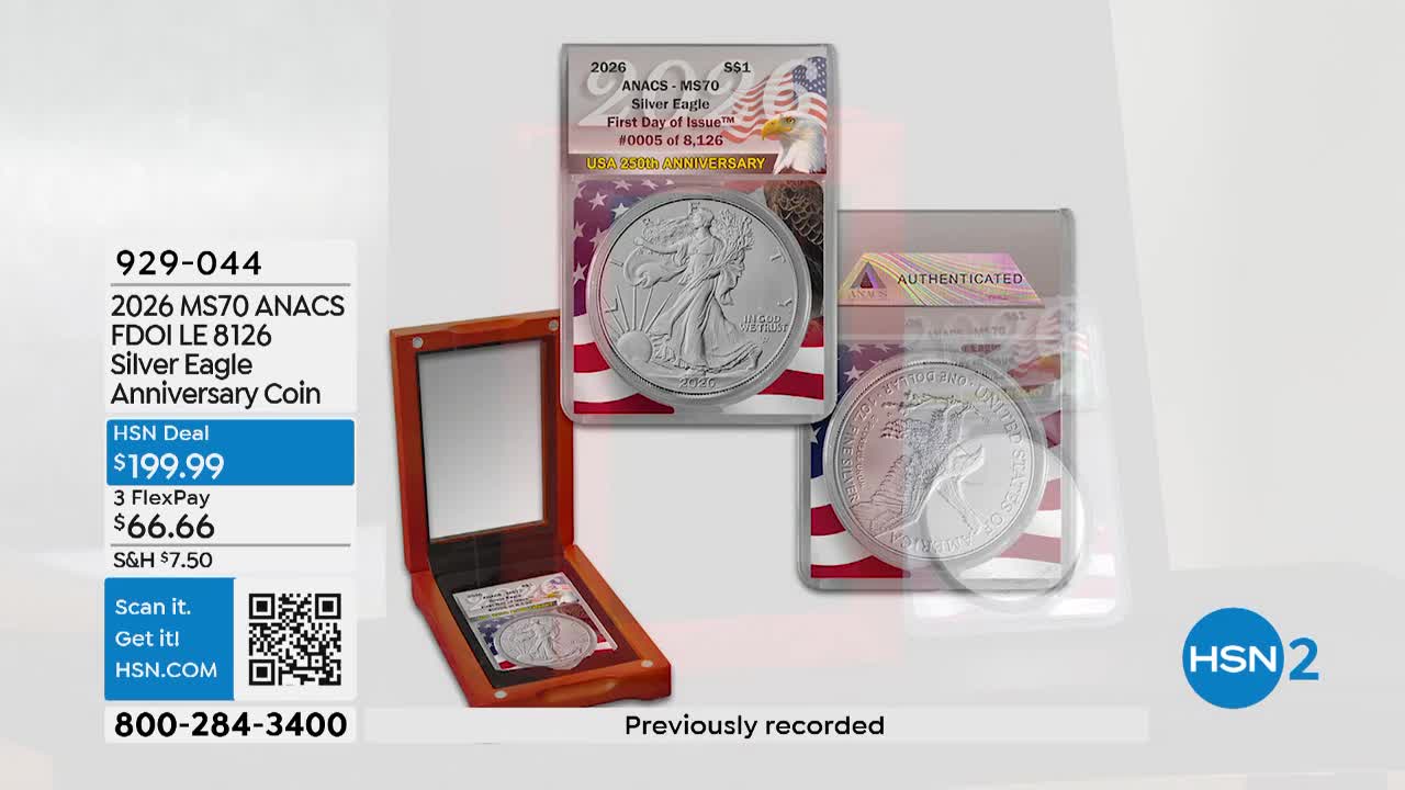 A 2026 Silver Eagle coin, graded MS70 and authenticated, rests in its display case. Another coin, also in a protective holder, is positioned beside it.