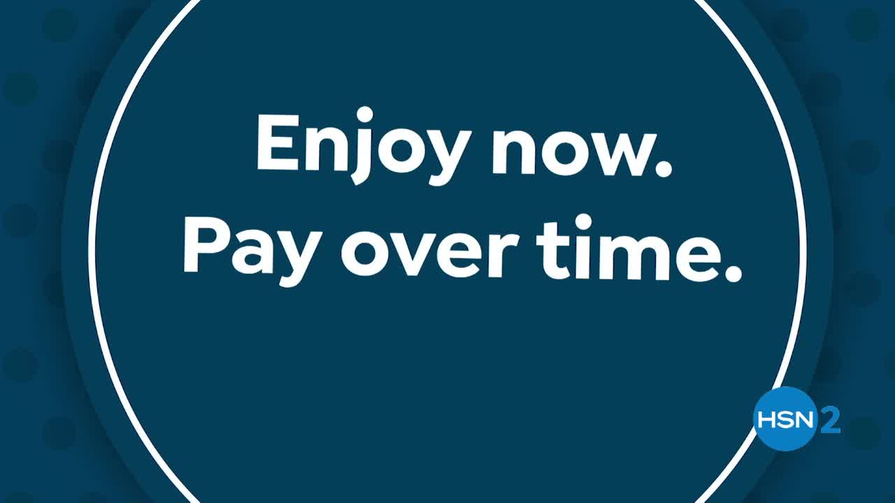 White text on a dark blue background reads "Enjoy now. Pay over time." A small circle in the lower right corner displays "HSN 2."