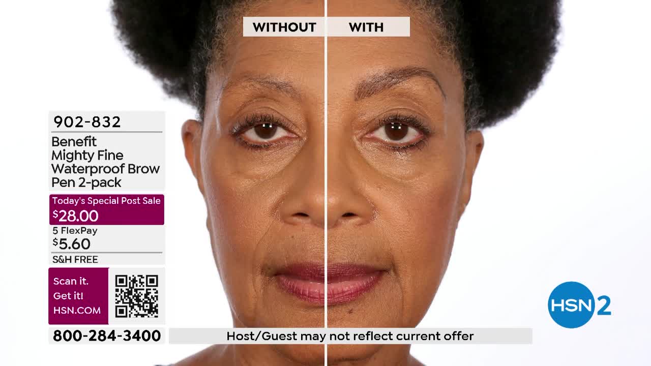 The split screen shows a woman's face, comparing her brows before and after using a Benefit brow pen. The "with" side displays fuller, more defined eyebrows.