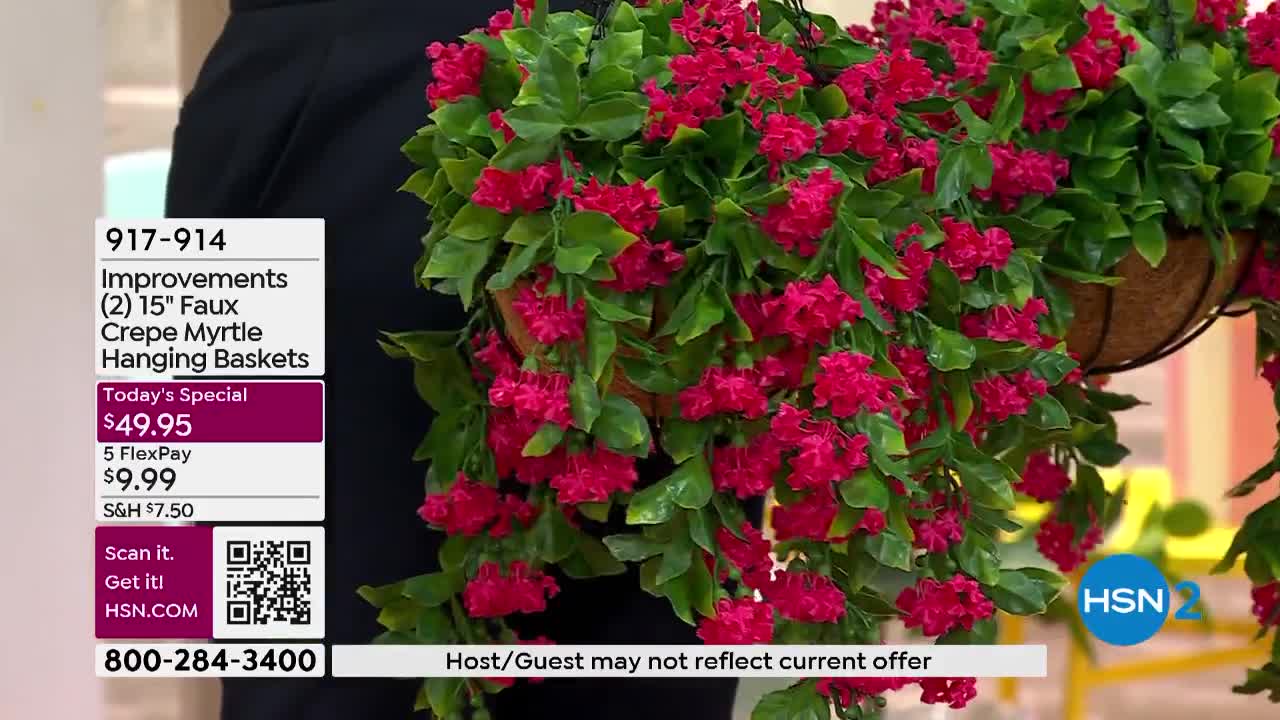 A cascade of bright pink faux crepe myrtle flowers hangs from a basket. The vibrant display is part of a product presentation on HSN2.