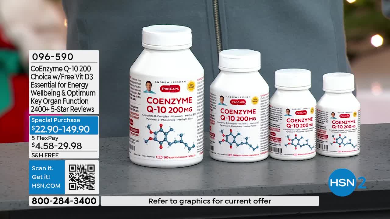 Four bottles of CoEnzyme Q-10 supplements stand on a counter. The largest bottle, on the left, displays a product code and pricing information.