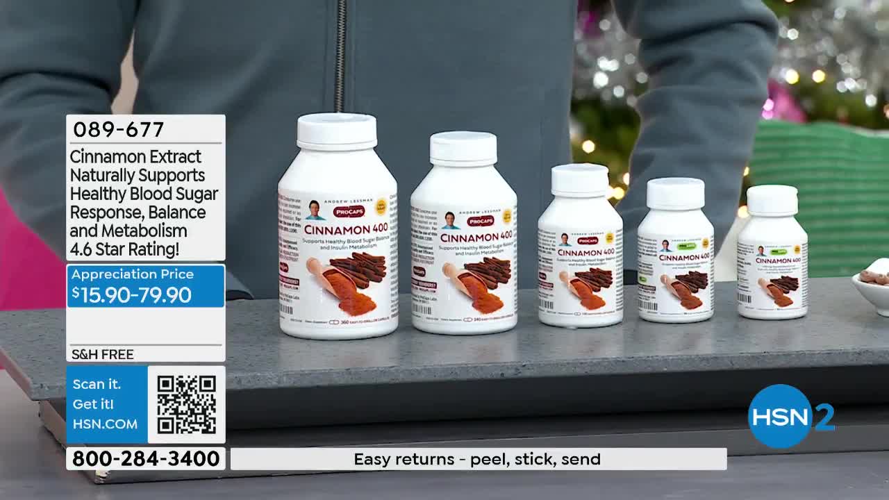 Five bottles of "Cinnamon 400" stand in a row on a gray surface, each displaying an image of cinnamon sticks and powder. A price tag and product information are visible to the left of the bottles.