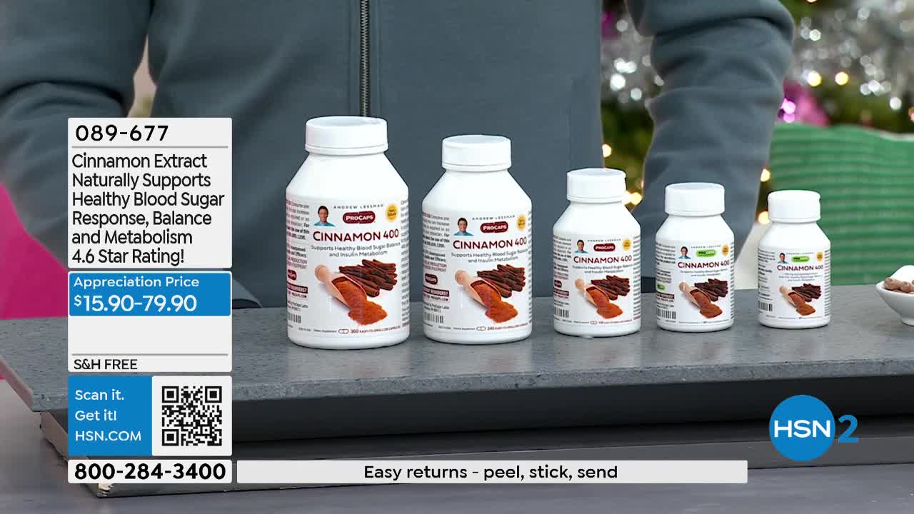 Five bottles of Cinnamon 400 stand in a row, each showing a scoop of cinnamon powder and sticks on its label. A price tag on the left lists an "Appreciation Price" of $15.90-79.90.