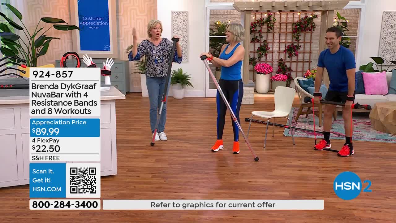 Brenda Dykgraaf is demonstrating a workout with a NuvaBar, her arms extended as she talks. A woman in a blue tank top and leggings uses a similar bar for her own exercise. A man in a blue t-shirt and shorts is also working out with resistance bands.