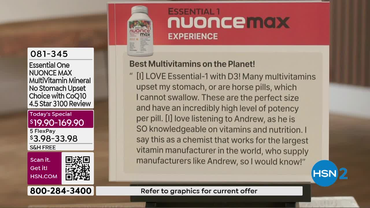 A bottle of Nuonce Max vitamins sits on display. Text below it praises the product, calling it the "Best Multivitamins on the Planet!"