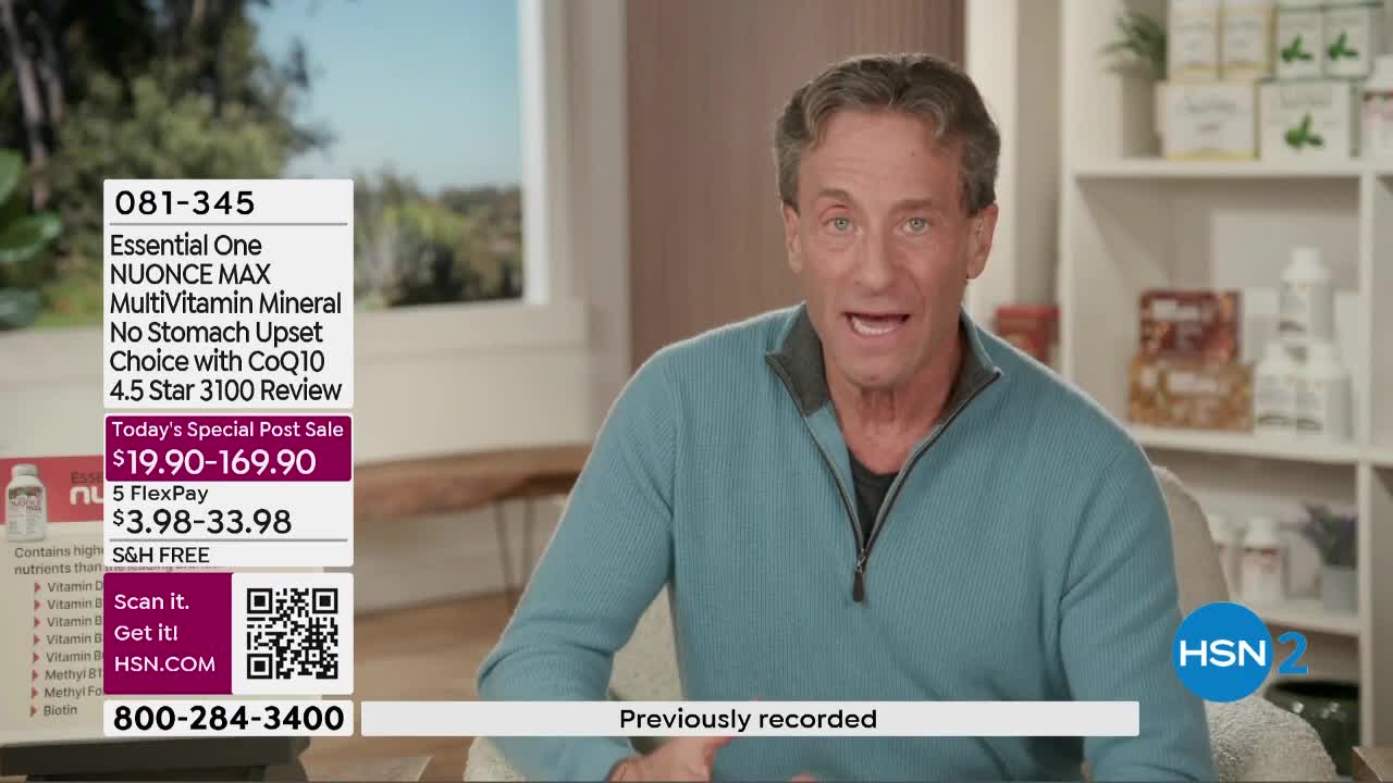 A man in a teal sweater speaks animatedly, gesturing with his hands. On the left, a graphic displays product details for "Essential One NUONCE MAX MultiVitamin Mineral" and ordering information for HSN.