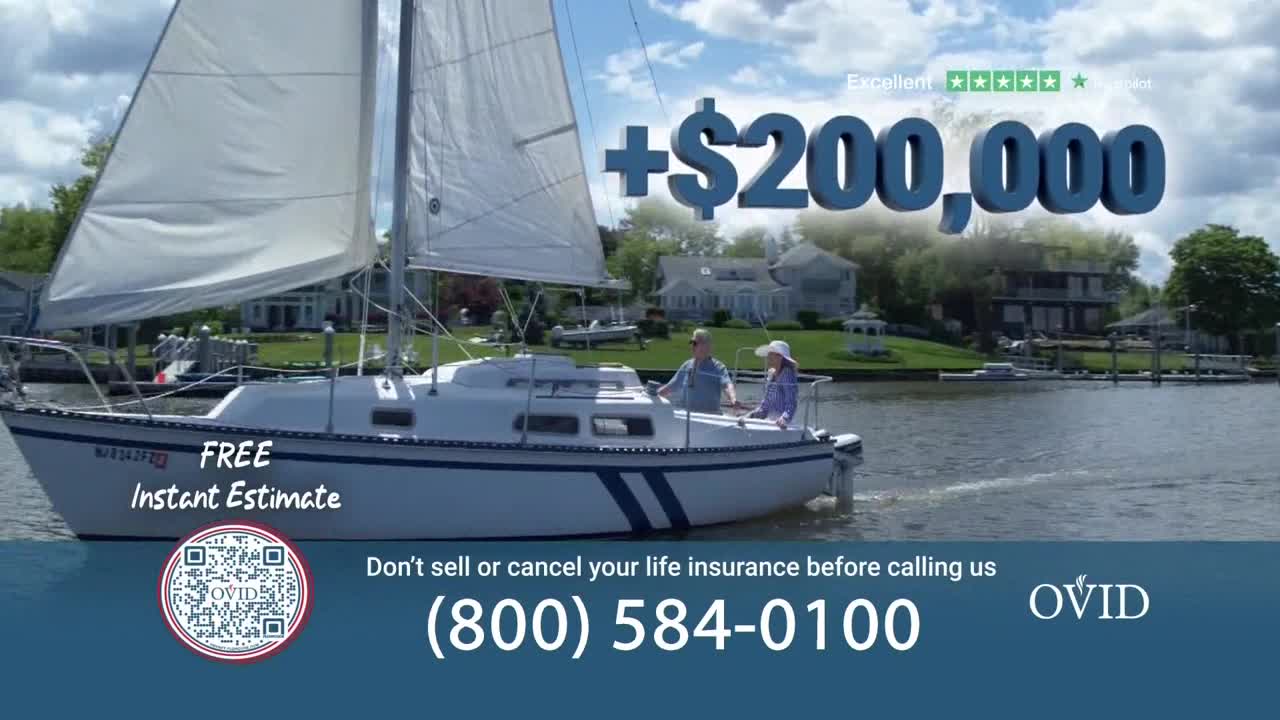 A couple is on a sailboat, puttering along a waterway. Above them, the words "$200,000" float in the air, and the text "FREE Instant Estimate" is on the boat's hull.
