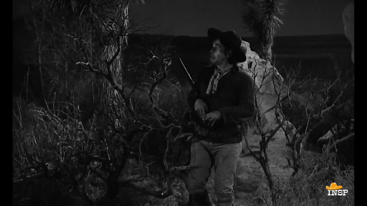 A man in a cowboy hat stands in a sparse, desert-like landscape, holding a rifle. He looks off to the side, as if he's surveying the surroundings.
