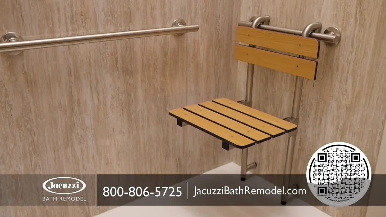 A wooden shower seat is mounted on a beige-tiled wall, next to a long, horizontal grab bar. The INSP logo and a phone number are visible in the lower right corner.
