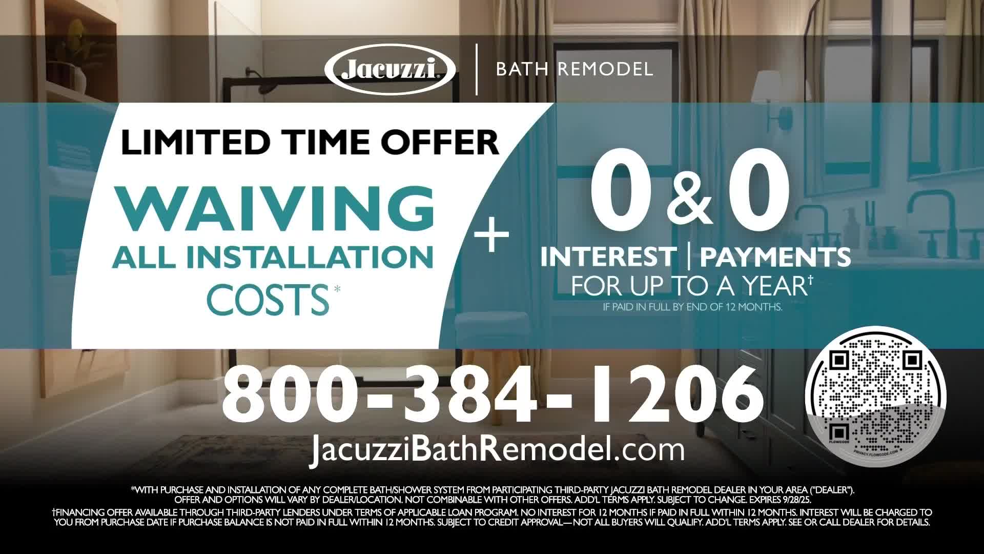 A Jacuzzi Bath Remodel advertisement is displayed, touting a limited-time offer of waived installation costs and zero interest and payments for up to a year. The ad features a bathroom scene and a phone number for interested customers.
