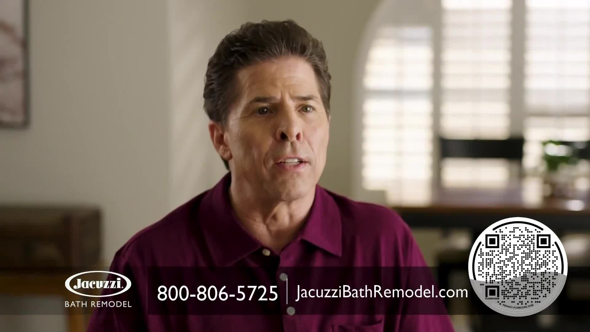 A man in a maroon shirt speaks directly to the camera, his expression earnest. Below him, a Jacuzzi Bath Remodel logo and contact information are displayed.
