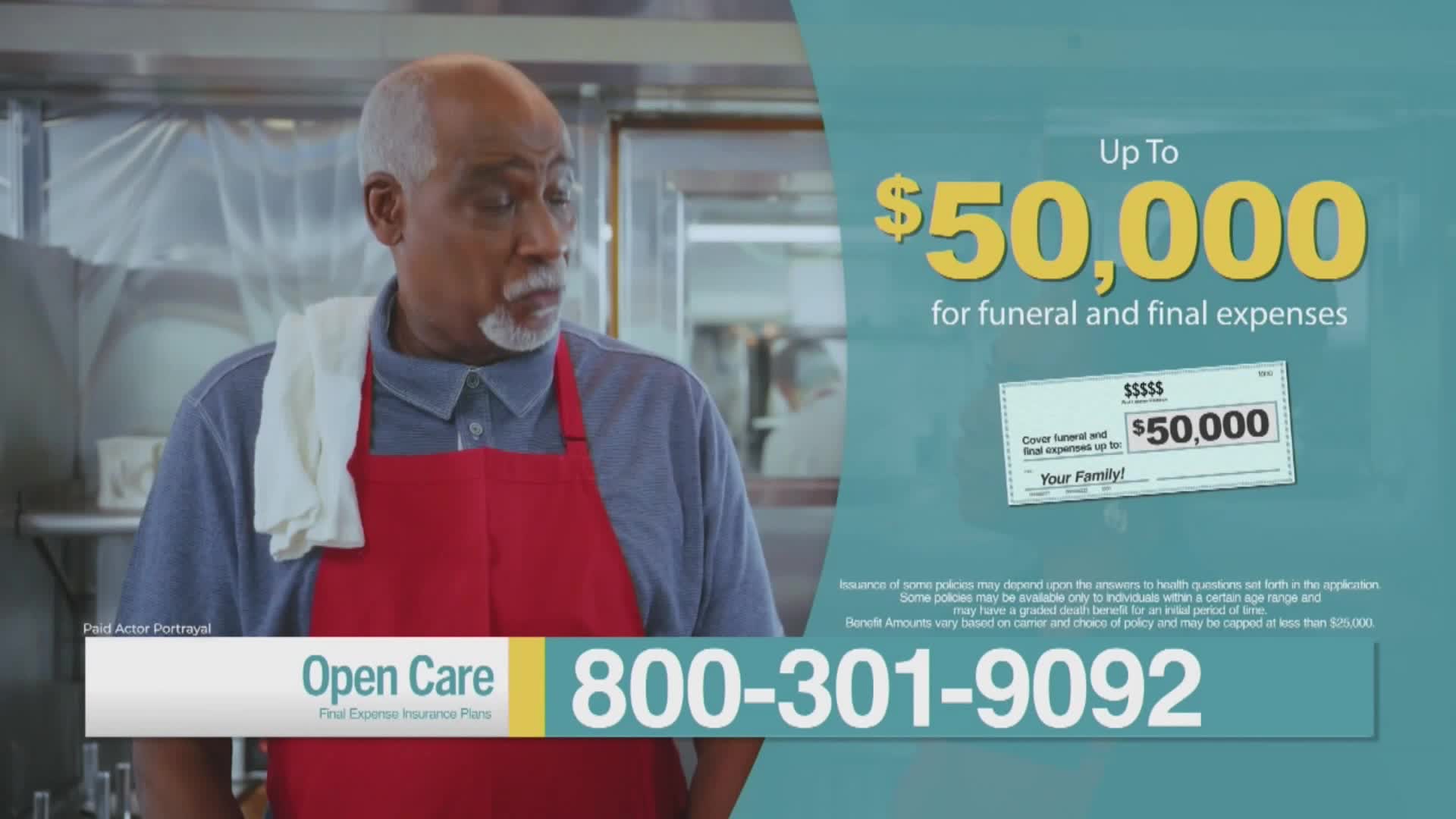 A man in a red apron and a white towel over his shoulder looks off to the side, seemingly deep in thought. The screen displays an ad for funeral expenses, with a phone number prominently featured.
