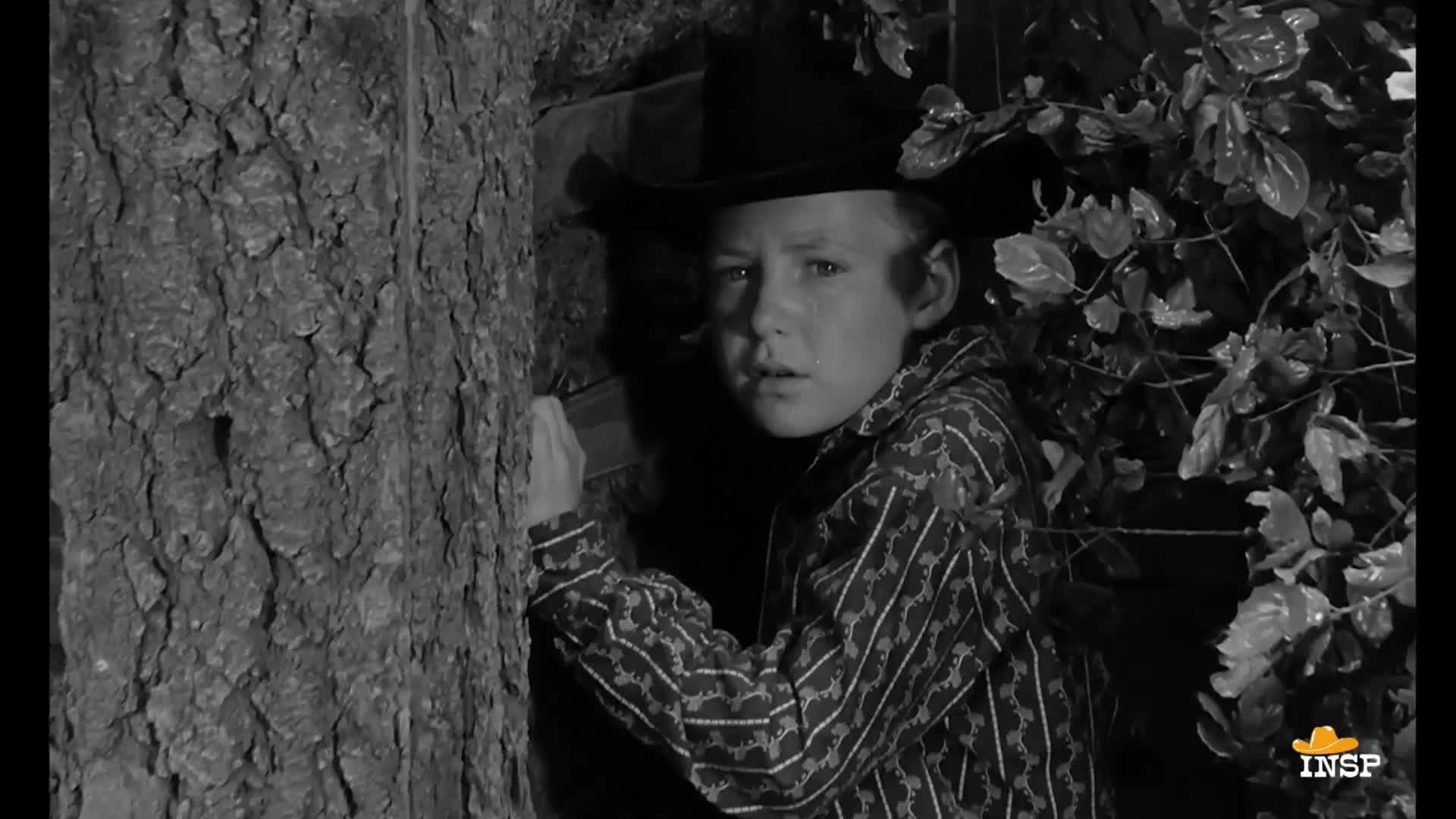 A young boy in a cowboy hat peers out from behind a rough tree trunk, his face etched with concern. He's wearing a patterned shirt, and the INSP logo is visible in the corner.
