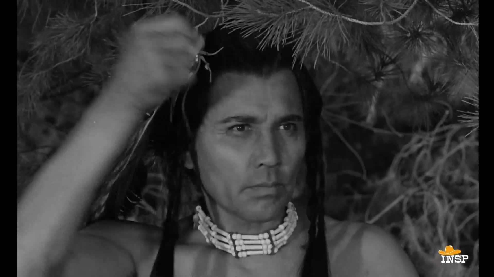 A man with long, dark hair and a beaded necklace is looking directly at me. His hand is raised, seemingly adjusting his hair, as he's framed by pine needles.
