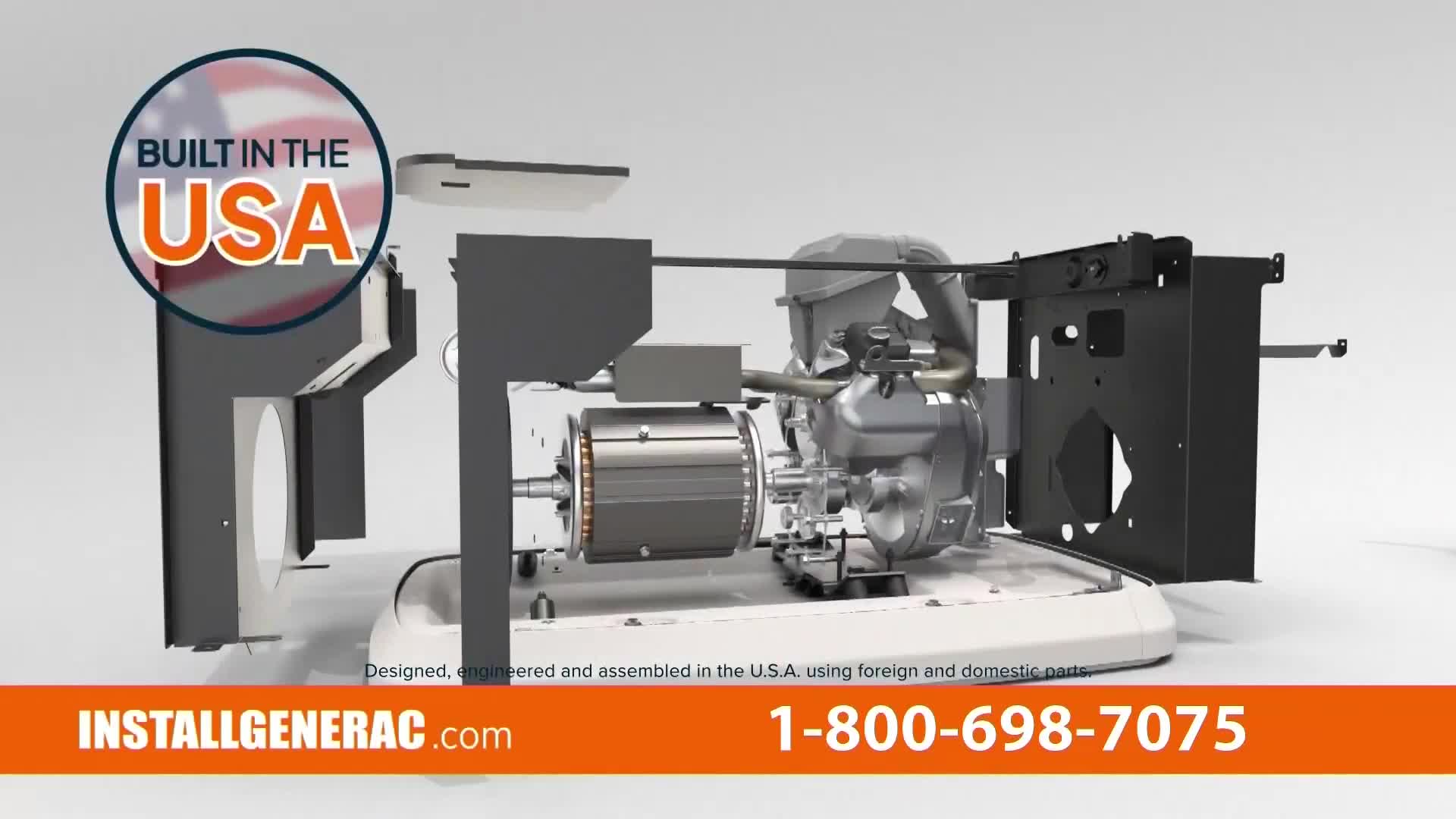 A disassembled generator, with its components laid out, floats against a white backdrop. The "Built in the USA" graphic is prominently displayed, along with contact information for INSTALLGENERAC.com.
