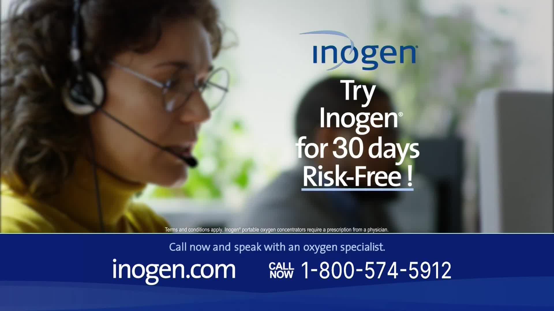 A woman wearing a headset speaks into a microphone, her face illuminated by a computer screen. The INSP advertisement promises a risk-free trial of Inogen oxygen concentrators.
