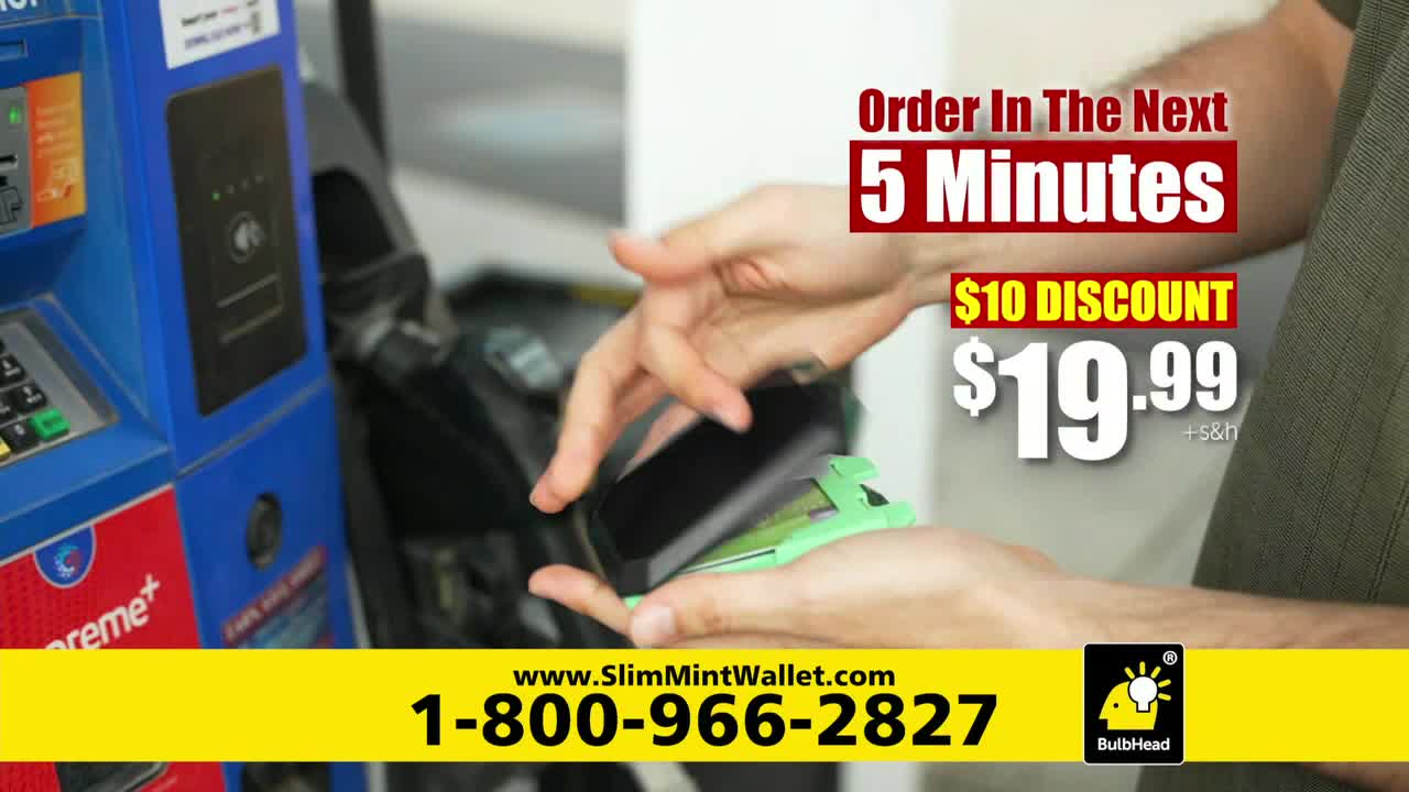 A person's hands are holding a phone and a green wallet near a gas pump. The screen shows a promotional offer from Slim Mint Wallet, which is being advertised on ION Plus.

