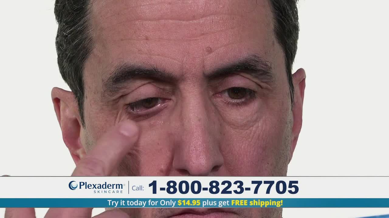 A man's finger gently touches the skin under his eye, as if demonstrating a product application. The Plexaderm skincare logo and a phone number are displayed at the bottom of the screen.

