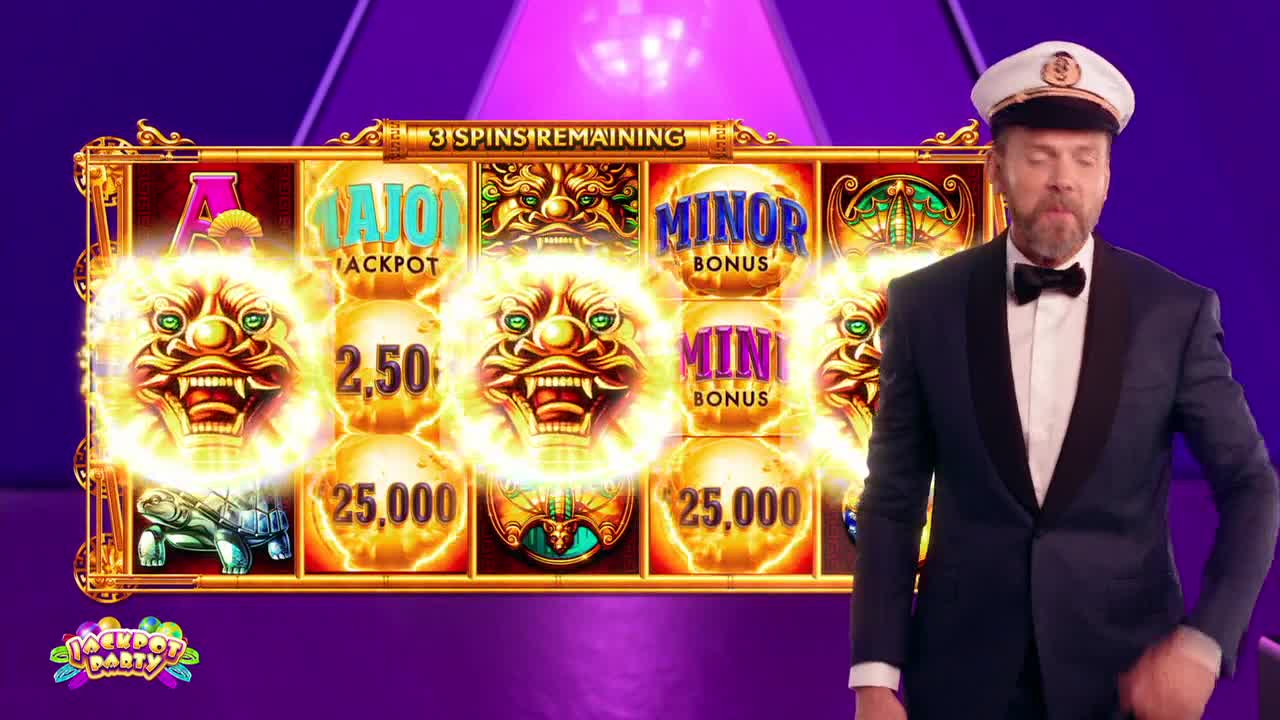 A man in a captain's hat and tuxedo stands next to a glowing slot machine. The reels show fiery dragon faces and the words "Minor Bonus" and "Mini Bonus."

