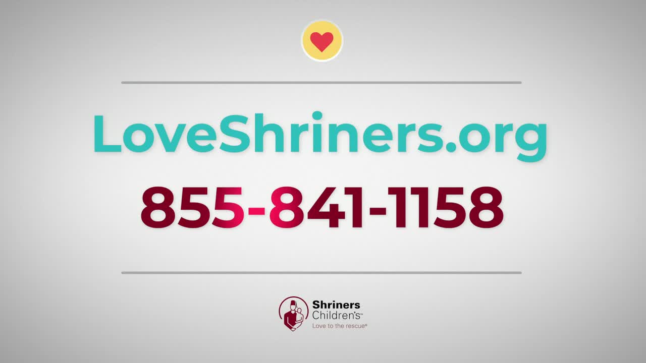 On a gradient background, the website address and phone number for LoveShriners are displayed in a bold, teal and red font. A small logo for Shriners Children's sits below the contact information.
