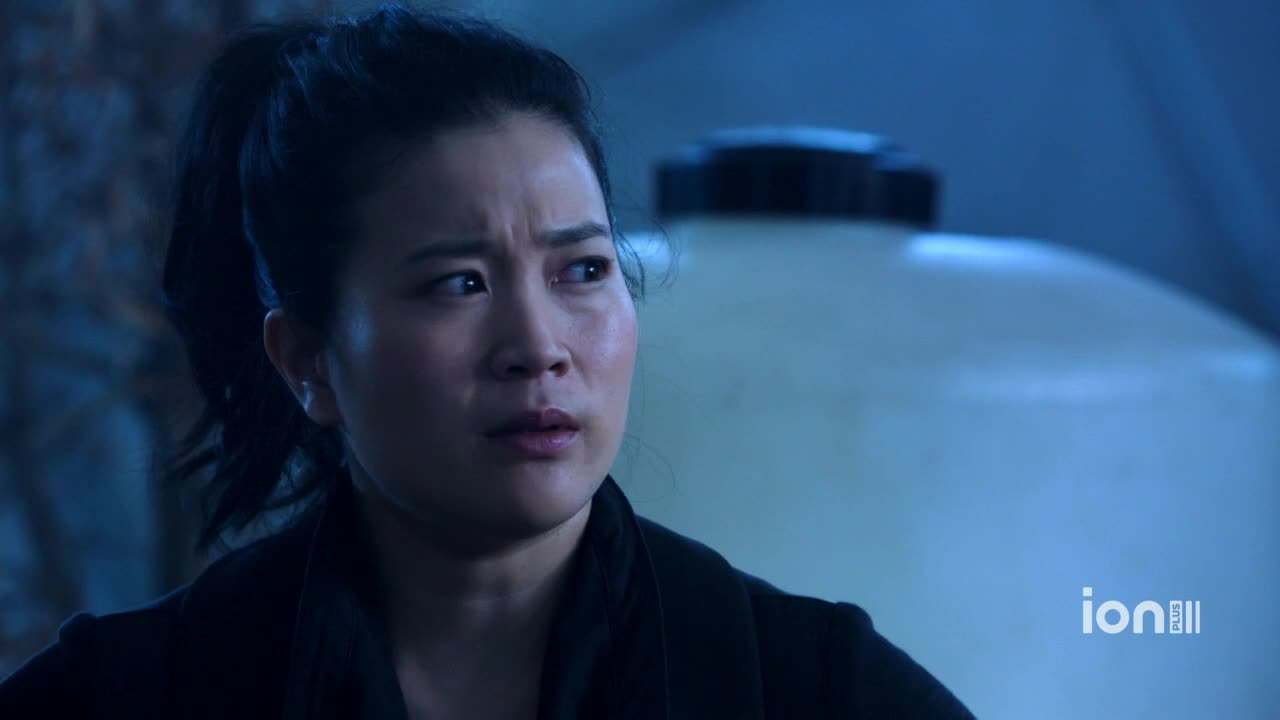 Her eyes are wide, fixed on something unseen, with a look of concern etched on her face. Behind her, a large, white container looms, and the ION Plus logo is visible in the corner.
