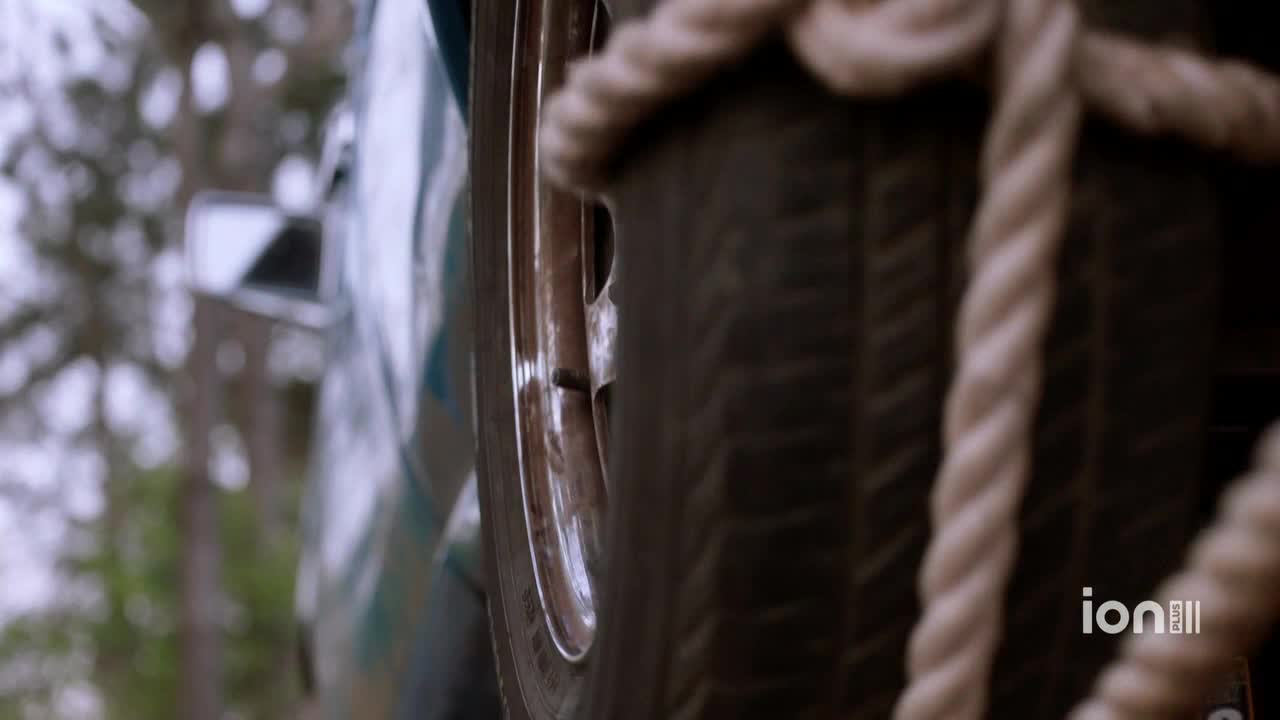A thick rope secures a spare tire to the back of a blue car. The ION Plus logo is visible in the corner.
