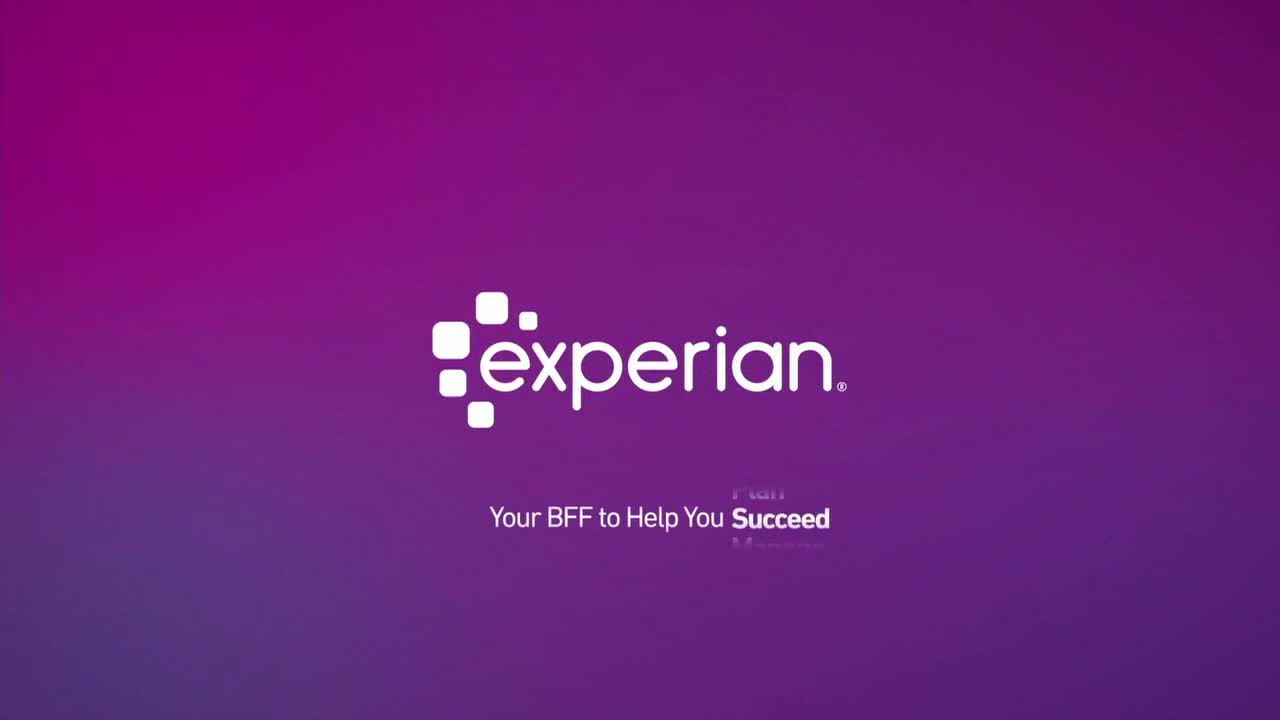 Against a gradient of purple and magenta, the Experian logo appears in white. Below it, the tagline "Your BFF to Help You Succeed" is displayed.
